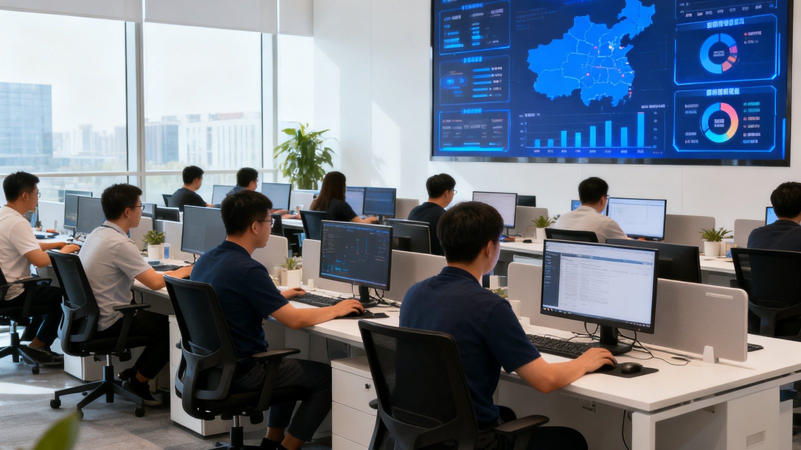 天天看球北京办公室内景，开放式办公区坐满专注工作的员工，墙上大屏幕实时显示全球赛事数据，现代科技公司氛围浓厚